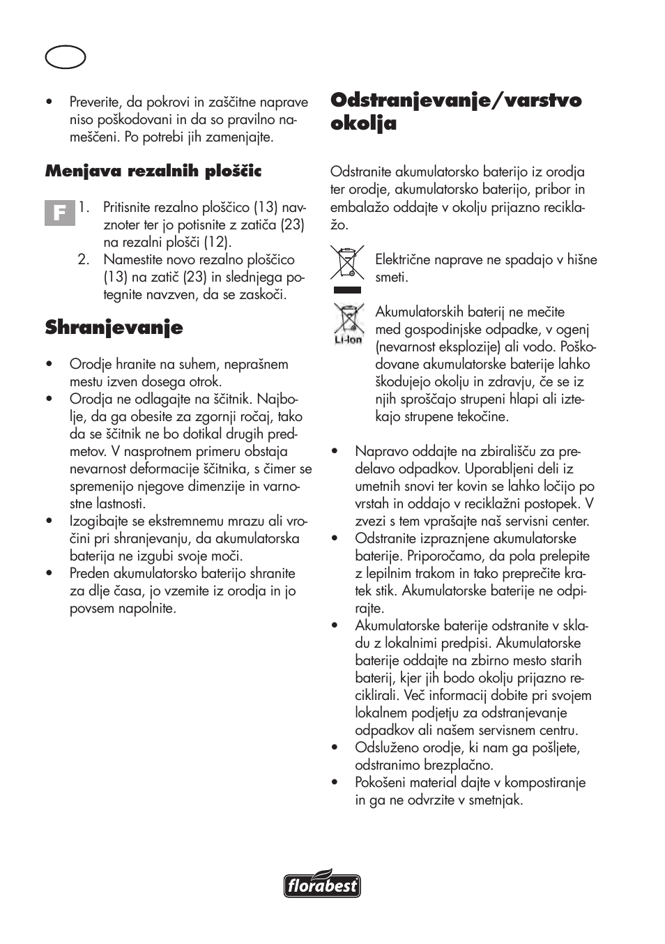 Shranjevanje, Odstranjevanje/varstvo okolja | Florabest FAT 18 B3 User Manual | Page 66 / 132