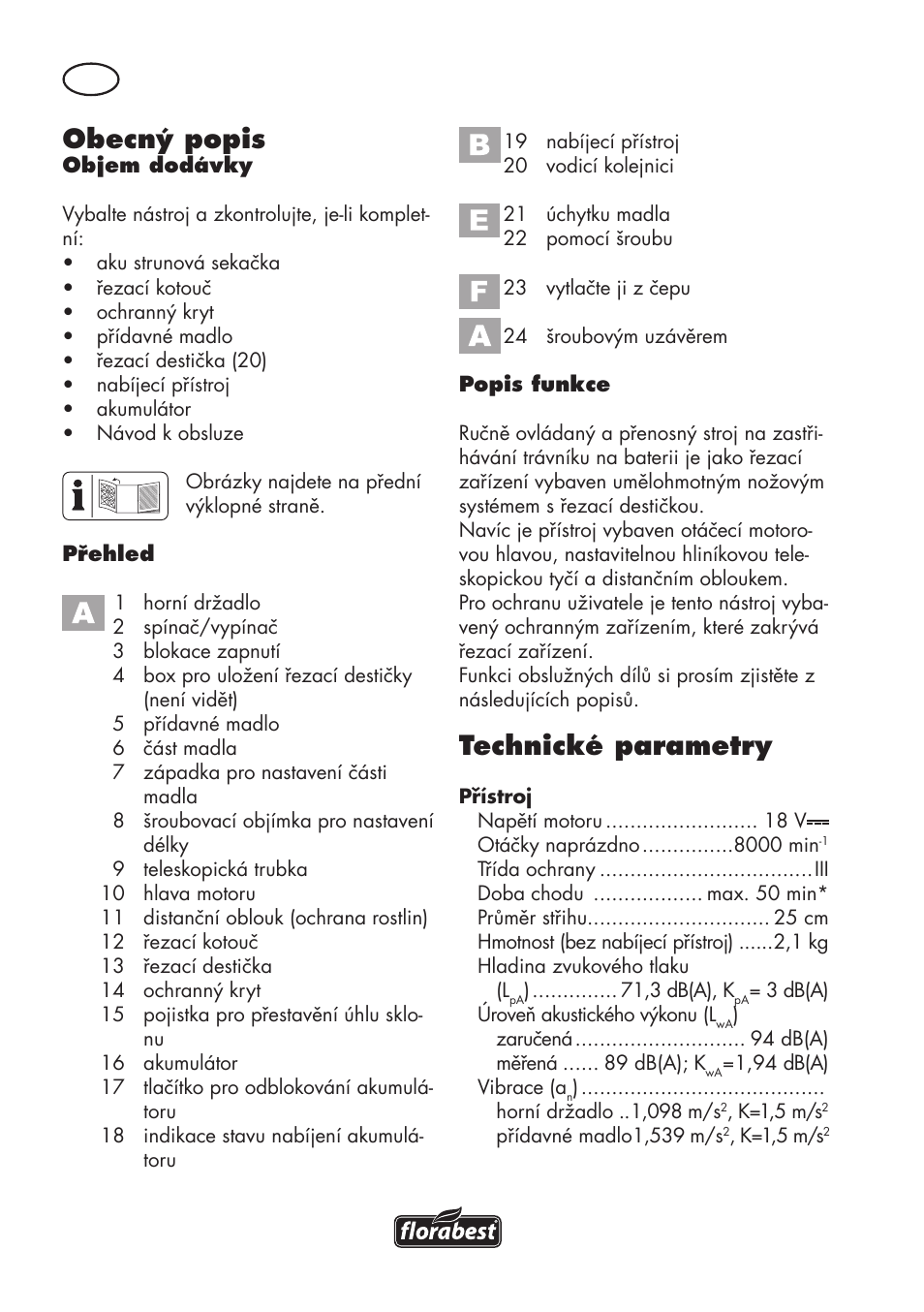 Obecný popis, Technické parametry | Florabest FAT 18 B3 User Manual | Page 72 / 132
