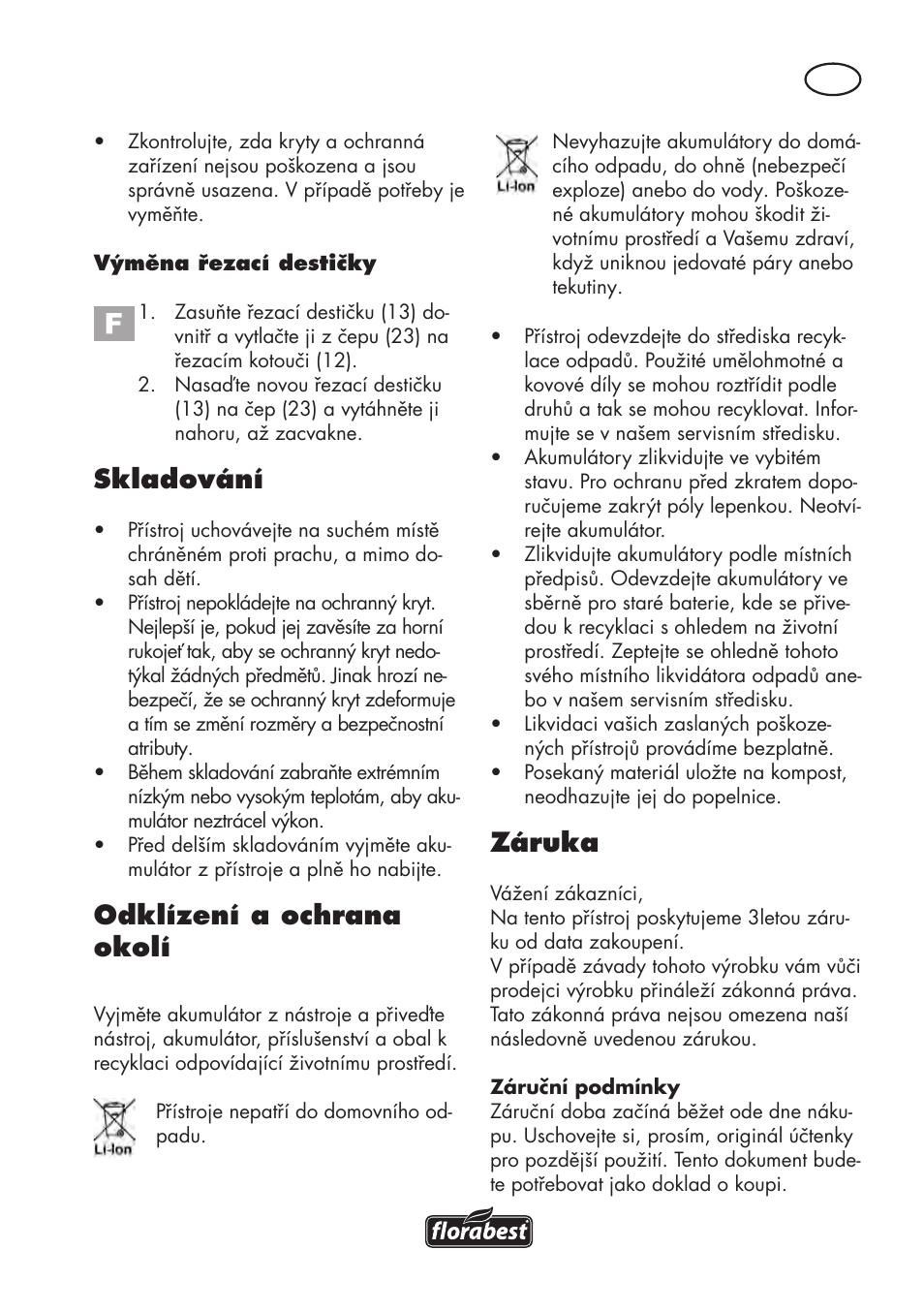 Skladování, Odklízení a ochrana okolí, Záruka | Florabest FAT 18 B3 User Manual | Page 83 / 132