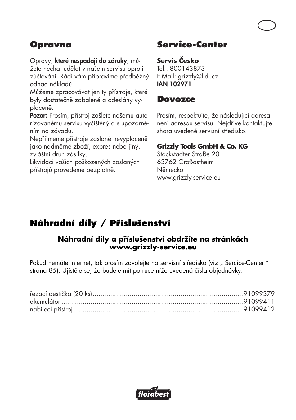Opravna, Service-center, Dovozce | Náhradní díly / příslušenství | Florabest FAT 18 B3 User Manual | Page 85 / 132