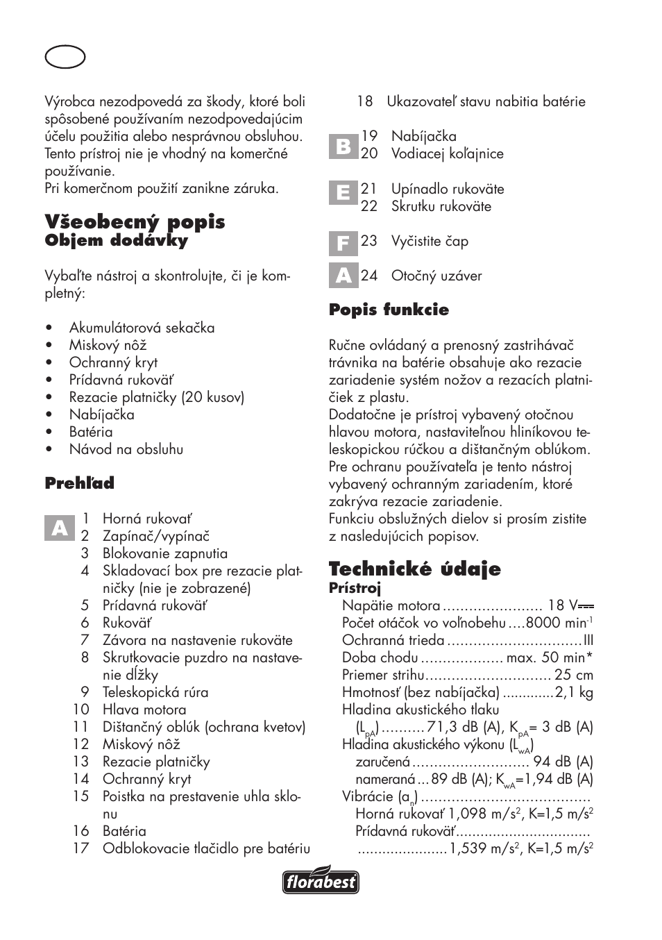 Všeobecný popis, Technické údaje | Florabest FAT 18 B3 User Manual | Page 88 / 132