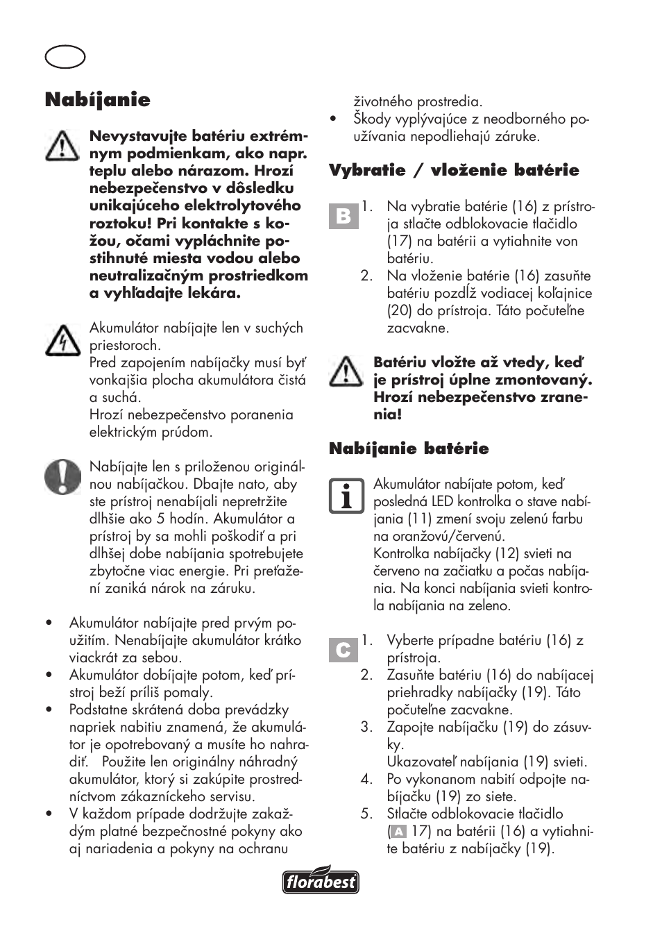 Nabíjanie | Florabest FAT 18 B3 User Manual | Page 94 / 132