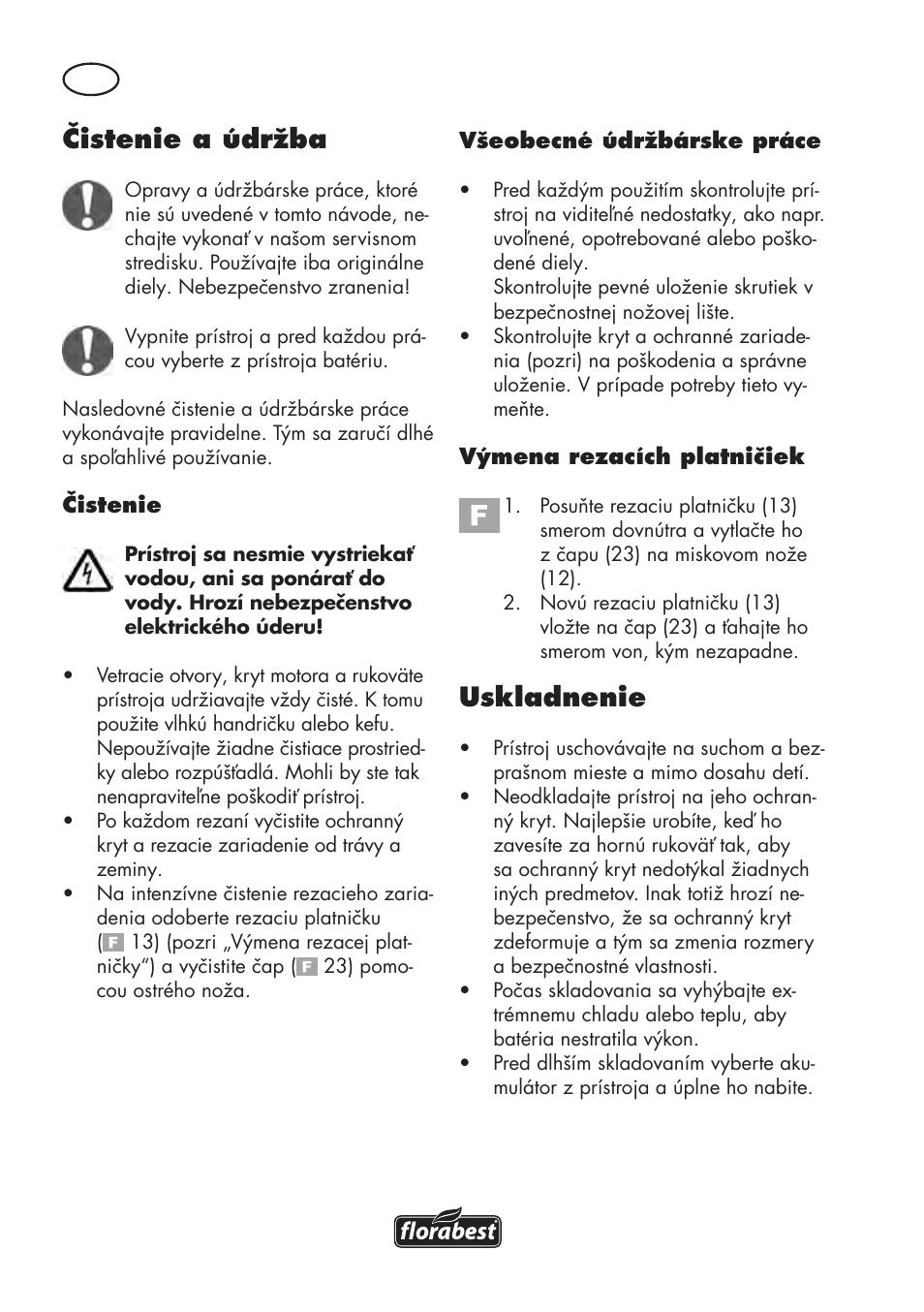 Čistenie a údržba, Uskladnenie | Florabest FAT 18 B3 User Manual | Page 98 / 132