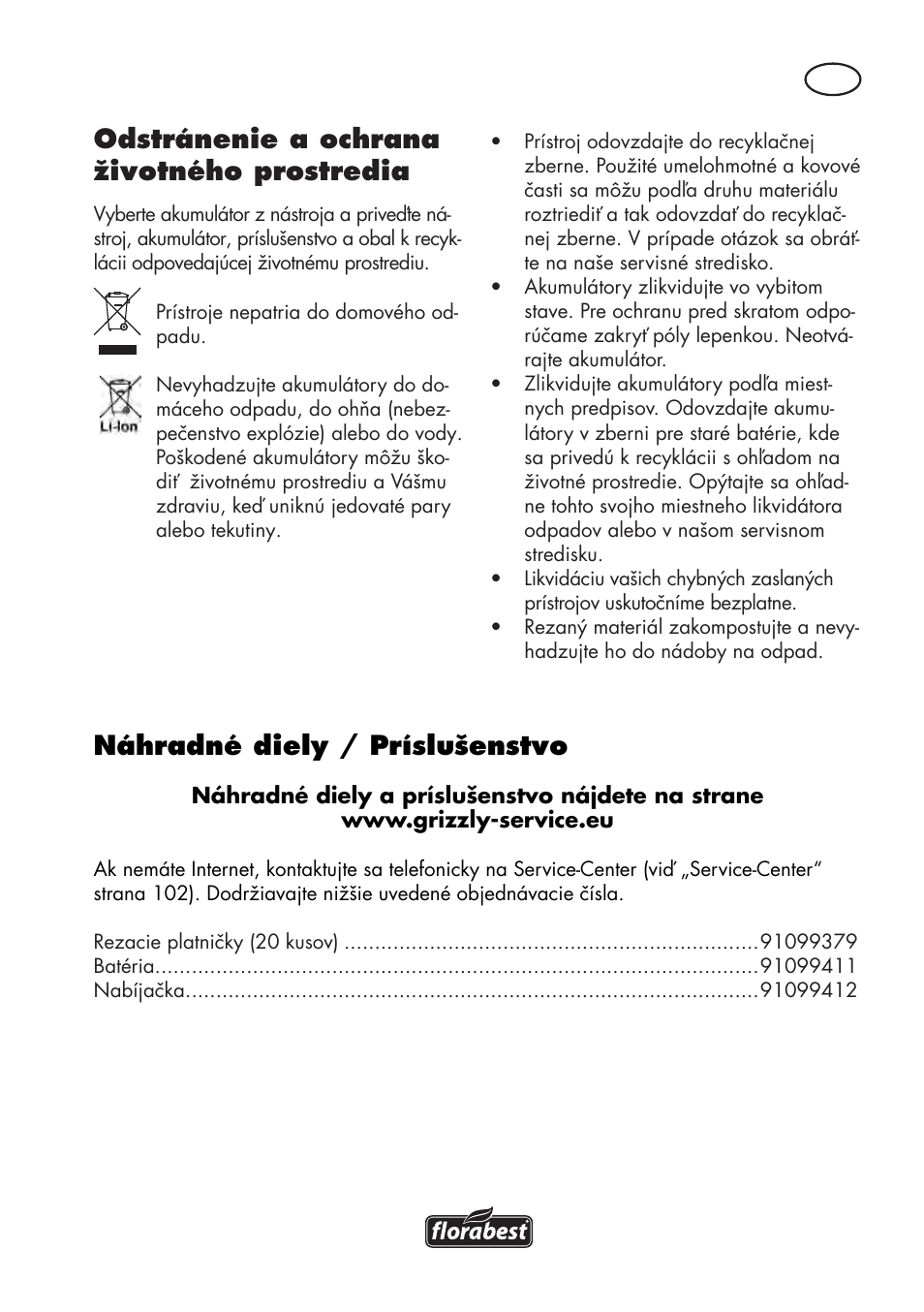 Odstránenie a ochrana životného prostredia, Náhradné diely / príslušenstvo | Florabest FAT 18 B3 User Manual | Page 99 / 132