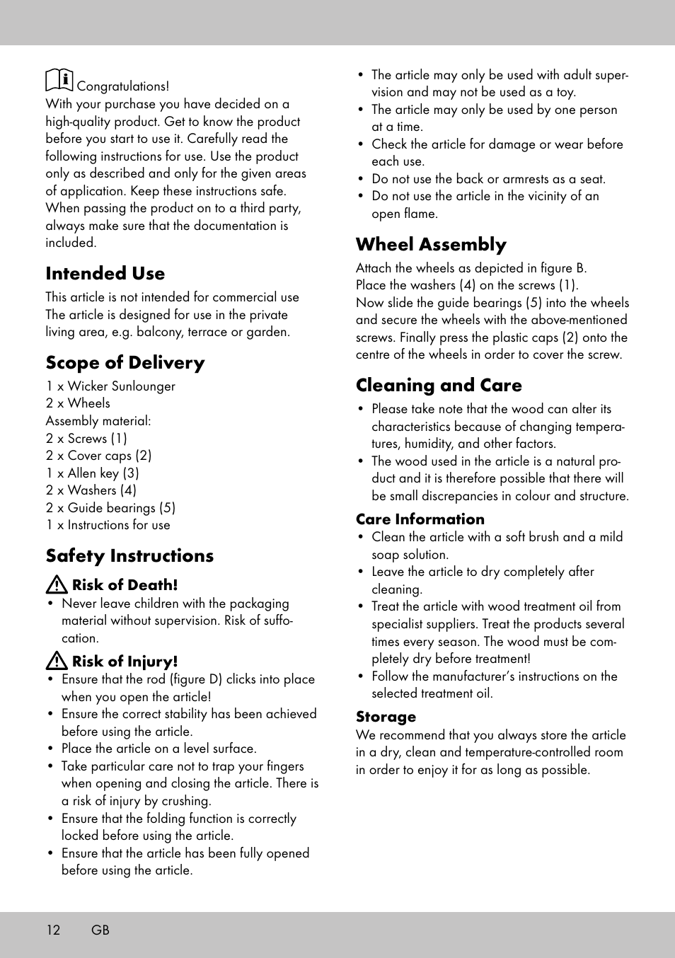Intended use, Scope of delivery, Safety instructions | Wheel assembly, Cleaning and care | Florabest GR-1598 User Manual | Page 10 / 14