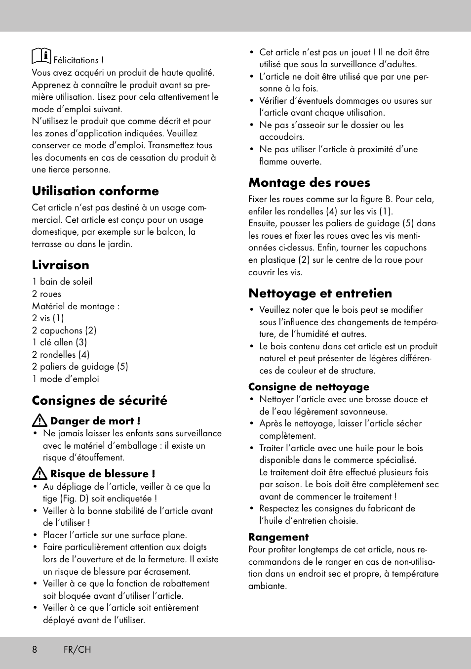 Utilisation conforme, Livraison, Consignes de sécurité | Montage des roues, Nettoyage et entretien | Florabest GR-1598 User Manual | Page 6 / 14