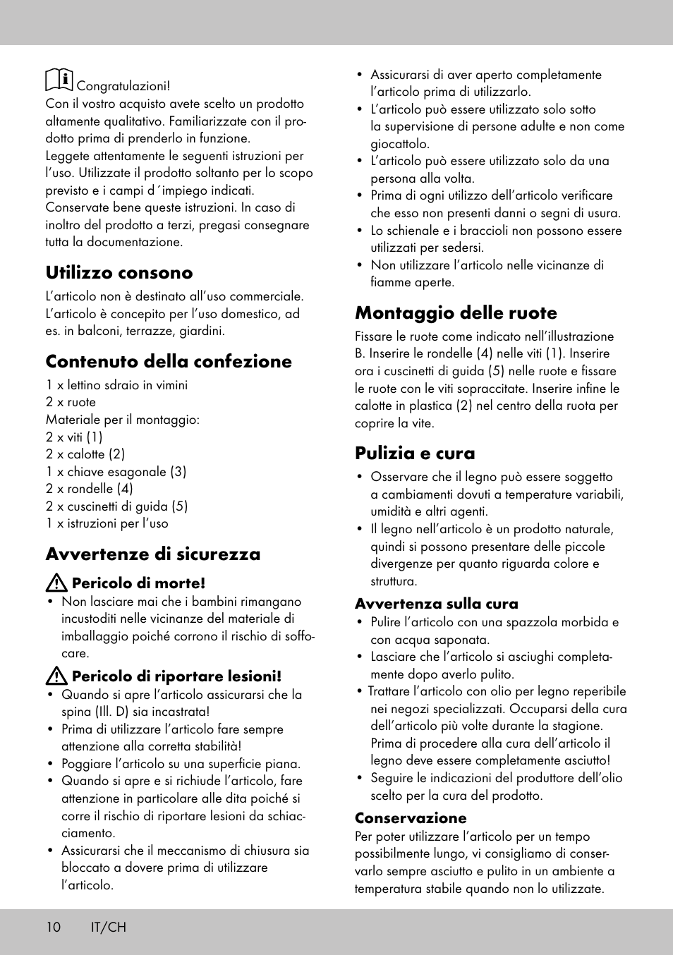 Utilizzo consono, Contenuto della confezione, Avvertenze di sicurezza | Montaggio delle ruote, Pulizia e cura | Florabest GR-1598 User Manual | Page 8 / 14