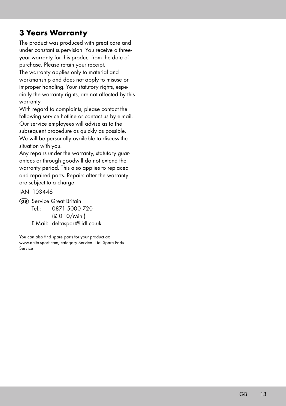 3 years warranty | Florabest GP-1718 User Manual | Page 13 / 16