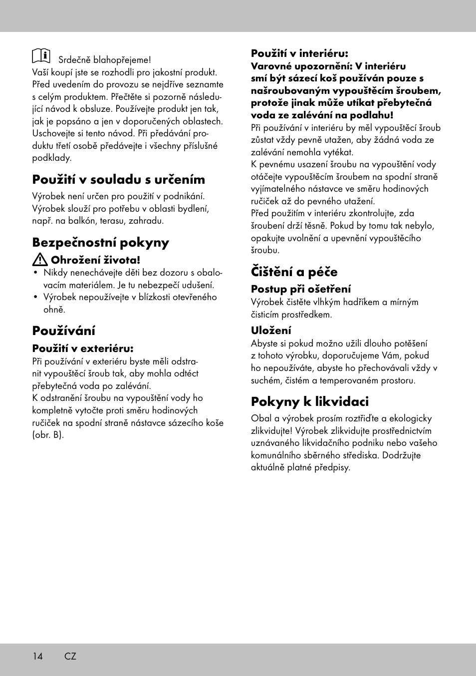 Použití v souladu s určením, Bezpečnostní pokyny, Používání | Čištění a péče, Pokyny k likvidaci | Florabest GP-1718 User Manual | Page 14 / 20