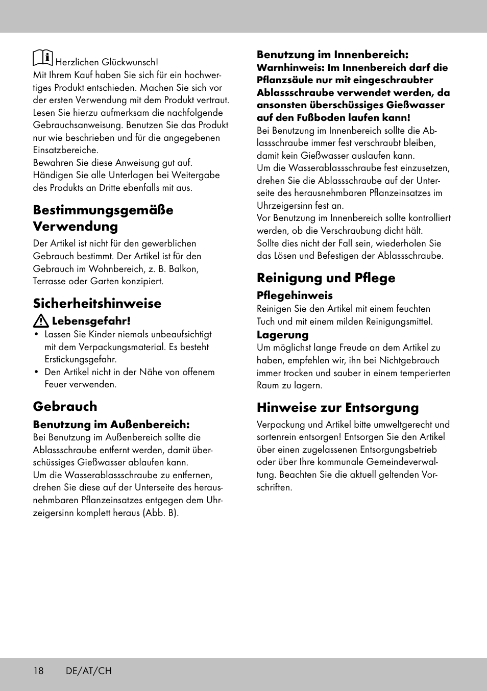 Bestimmungsgemäße verwendung, Sicherheitshinweise, Gebrauch | Reinigung und pflege, Hinweise zur entsorgung | Florabest GP-1718 User Manual | Page 18 / 20
