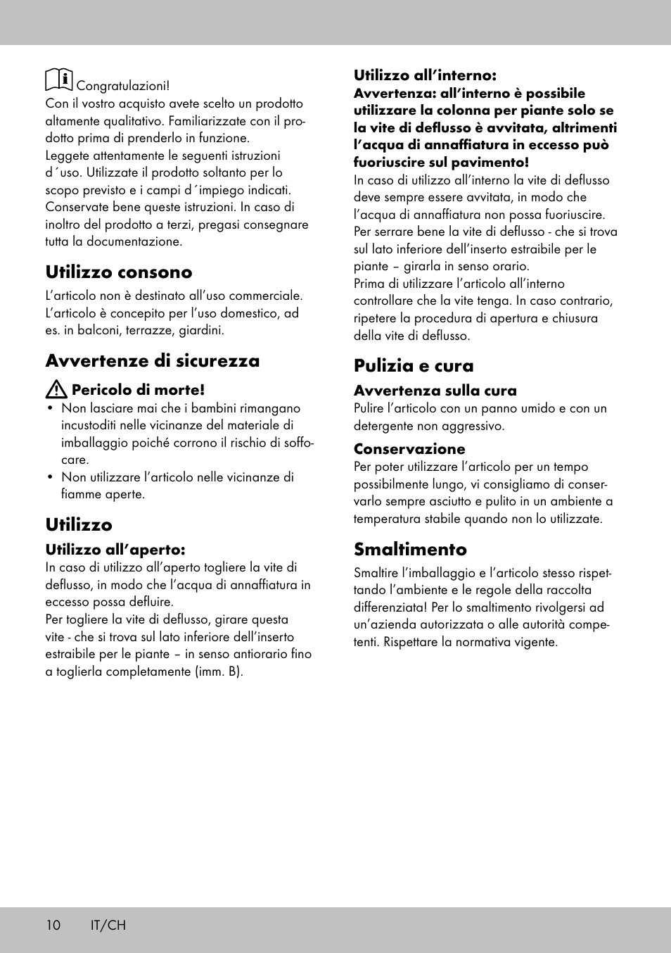 Utilizzo consono, Avvertenze di sicurezza, Utilizzo | Pulizia e cura, Smaltimento | Florabest GP-1717 User Manual | Page 10 / 16