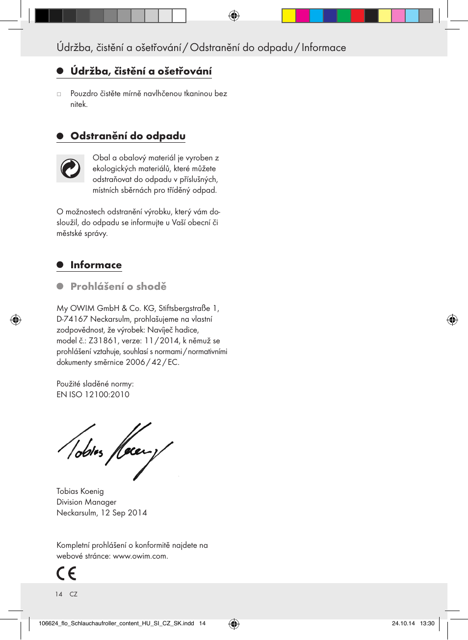 Údržba, čistění a ošetřování, Odstranění do odpadu, Informace prohlášení o shodě | Florabest Z31861 User Manual | Page 14 / 24