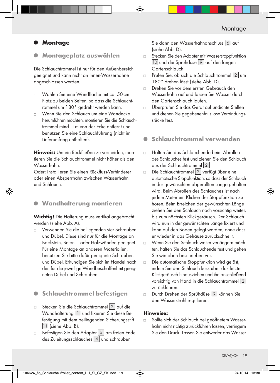 Montage, Montage montageplatz auswählen, Wandhalterung montieren | Schlauchtrommel befestigen, Schlauchtrommel verwenden | Florabest Z31861 User Manual | Page 19 / 24