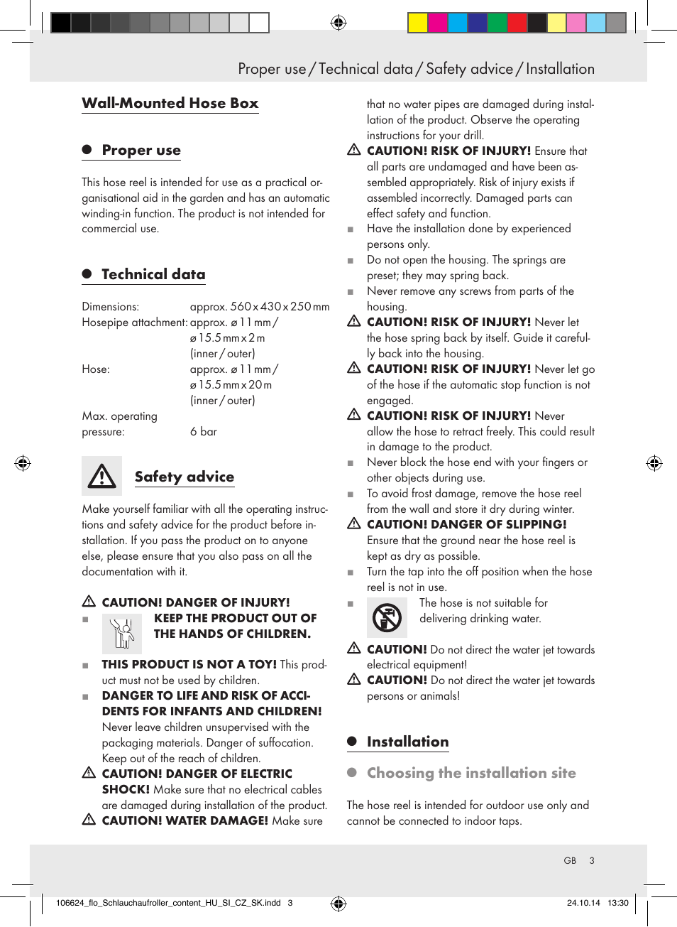 Wall-mounted hose box, Proper use, Technical data | Safety advice, Installation, Choosing the installation site | Florabest Z31861 User Manual | Page 3 / 24