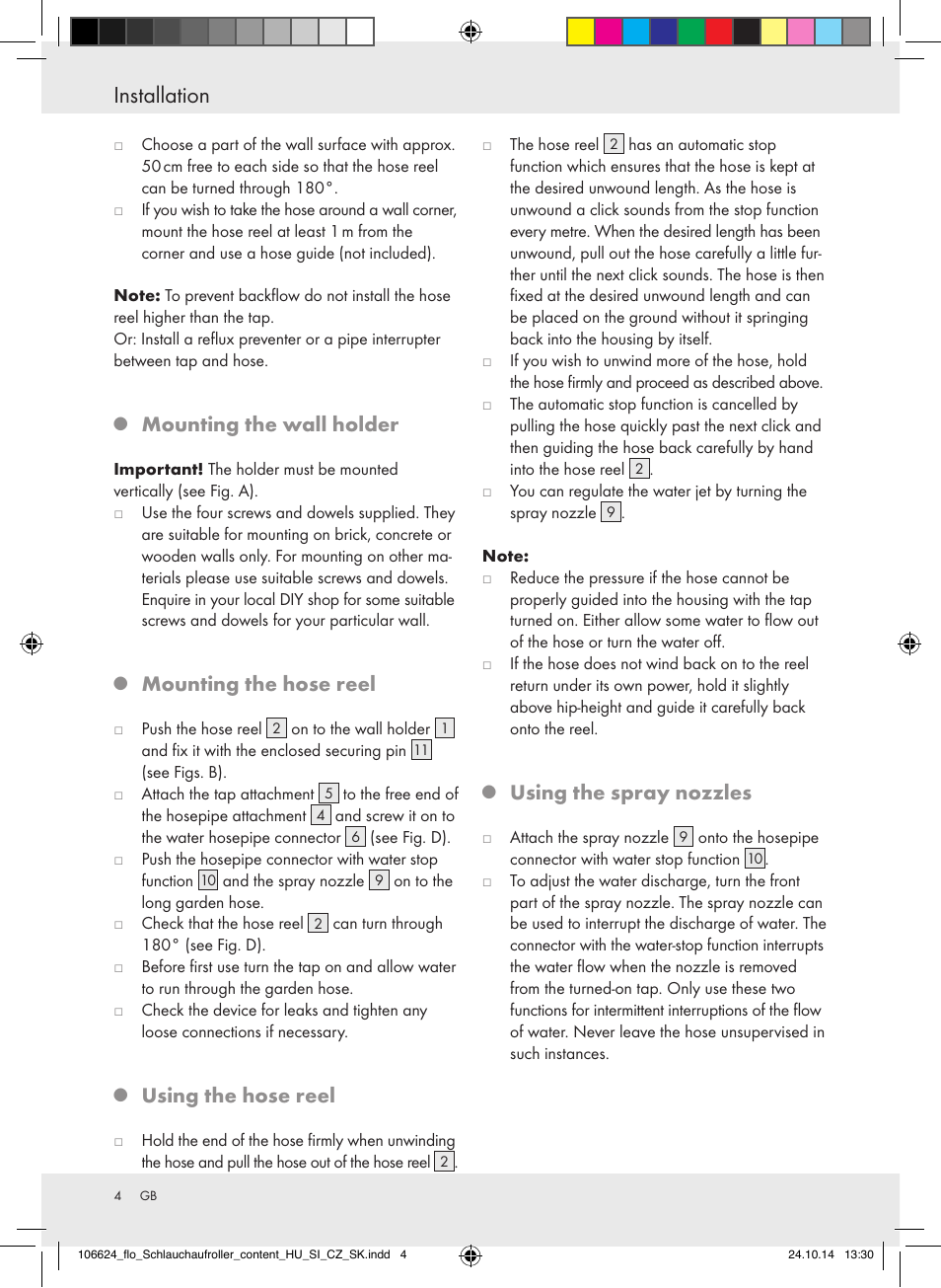 Installation, Mounting the wall holder, Mounting the hose reel | Using the hose reel, Using the spray nozzles | Florabest Z31861 User Manual | Page 4 / 24
