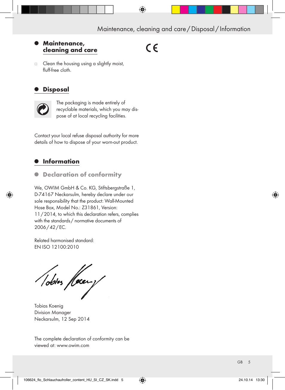 Maintenance, cleaning and care, Disposal, Information declaration of conformity | Florabest Z31861 User Manual | Page 5 / 24