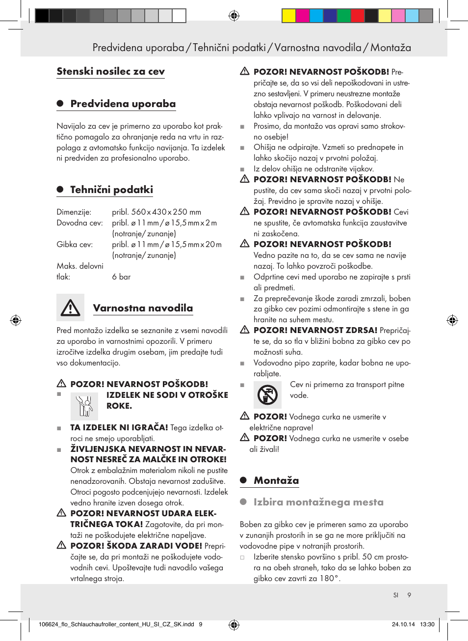 Stenski nosilec za cev, Predvidena uporaba, Tehnični podatki | Varnostna navodila, Montaža, Izbira montažnega mesta | Florabest Z31861 User Manual | Page 9 / 24