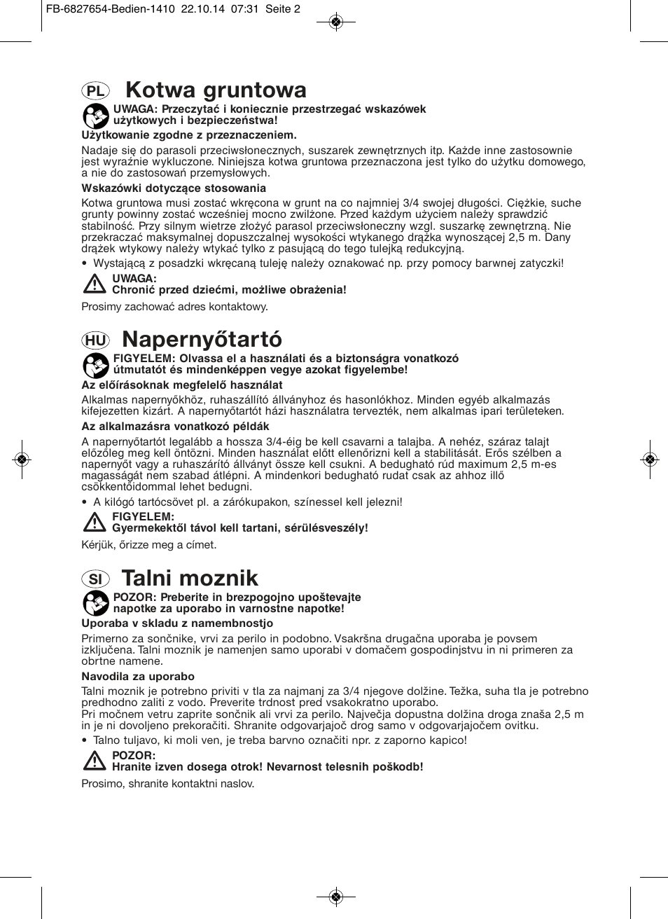 Kotwa gruntowa, Napernyőtartó, Talni moznik | Florabest Ground Anchor User Manual | Page 2 / 4