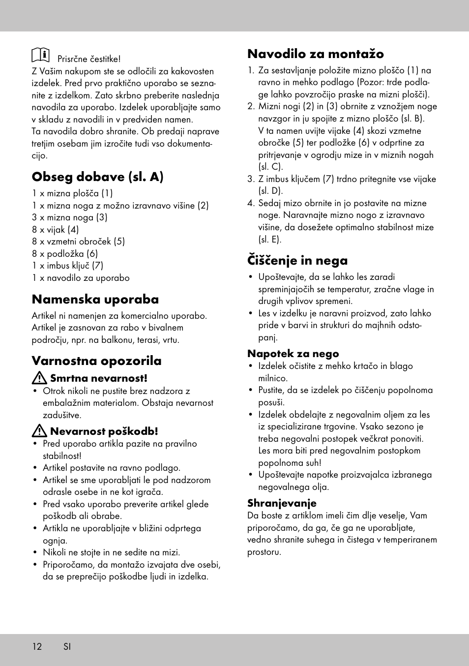 Obseg dobave (sl. a), Namenska uporaba, Varnostna opozorila | Navodilo za montažo, Čiščenje in nega | Florabest GT-1719 User Manual | Page 10 / 18