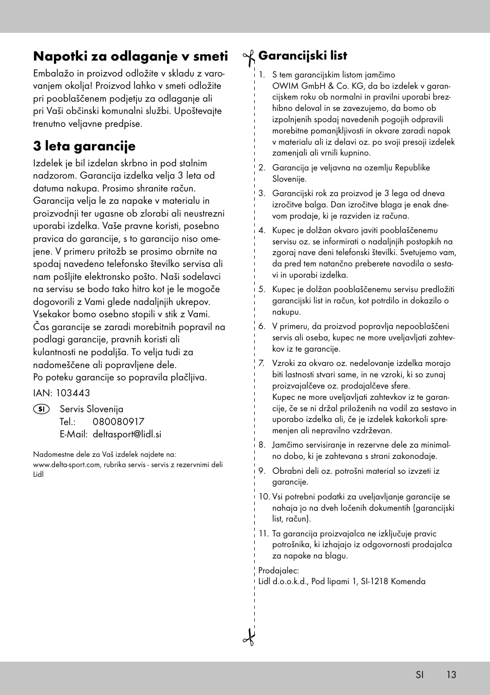 Napotki za odlaganje v smeti, 3 leta garancije, Garancijski list | Florabest GT-1719 User Manual | Page 11 / 18