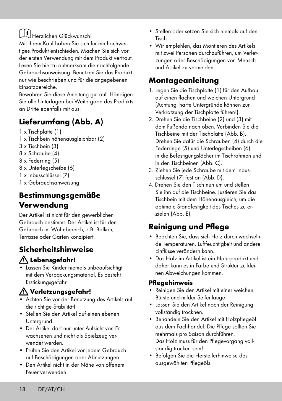Lieferumfang (abb. a), Bestimmungsgemäße verwendung, Sicherheitshinweise | Montageanleitung, Reinigung und pflege | Florabest GT-1719 User Manual | Page 16 / 18