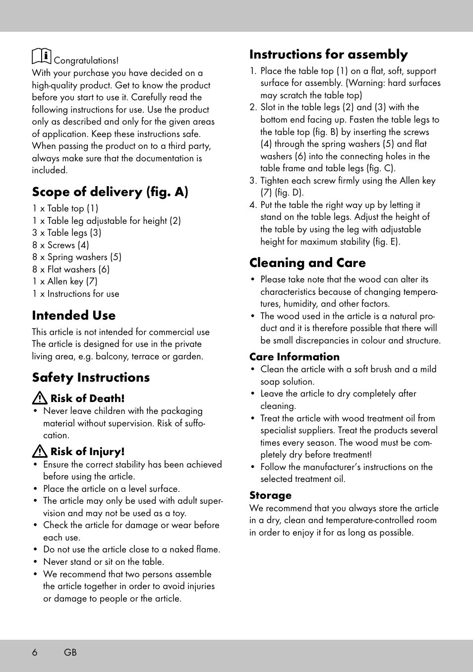 Instructions for assembly, Cleaning and care, Scope of delivery (fig. a) | Intended use, Safety instructions | Florabest GT-1719 User Manual | Page 4 / 18
