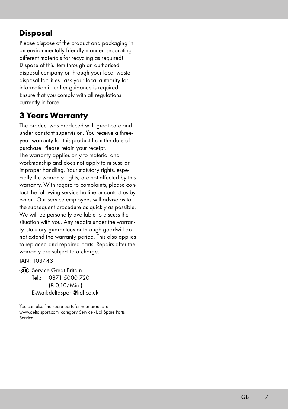 Disposal, 3 years warranty | Florabest GT-1719 User Manual | Page 5 / 18