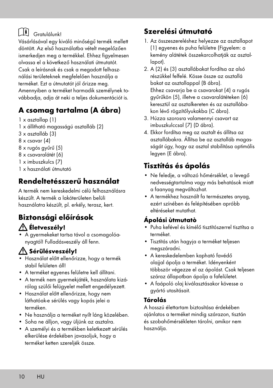 A csomag tartalma (a ábra), Rendeltetésszerű használat, Biztonsági előírások | Szerelési útmutató, Tisztítás és ápolás | Florabest GT-1719 User Manual | Page 8 / 18