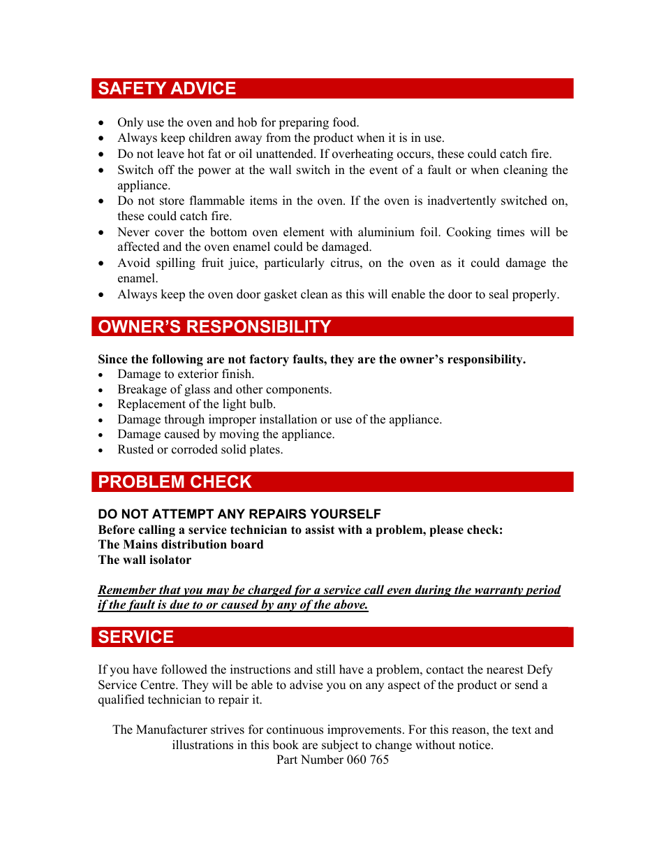 Safety advice, Owner’s responsibility, Problem check | Service | Defy Appliances 835 User Manual | Page 12 / 12