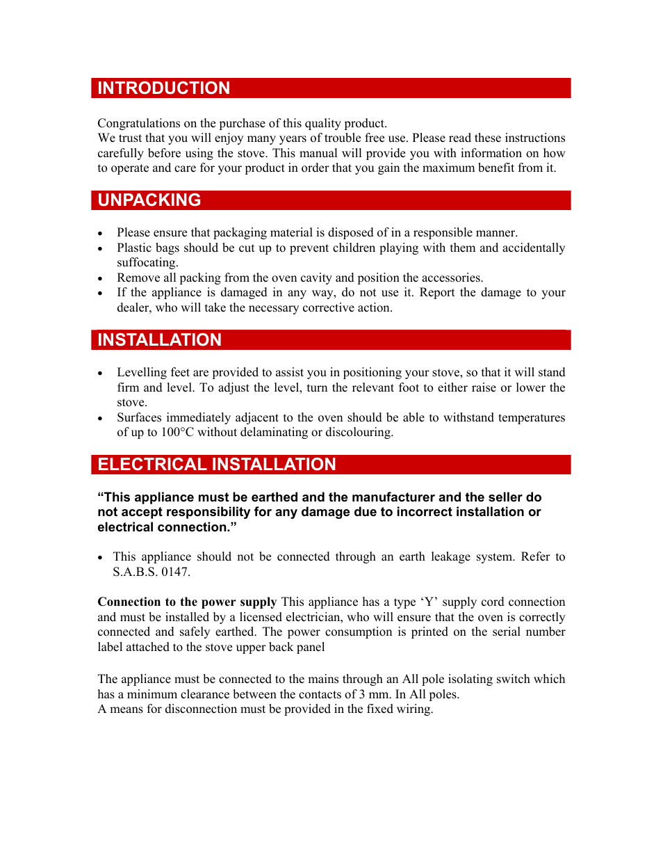 Introduction, Unpacking, Installation | Electrical installation | Defy Appliances 835 User Manual | Page 2 / 12