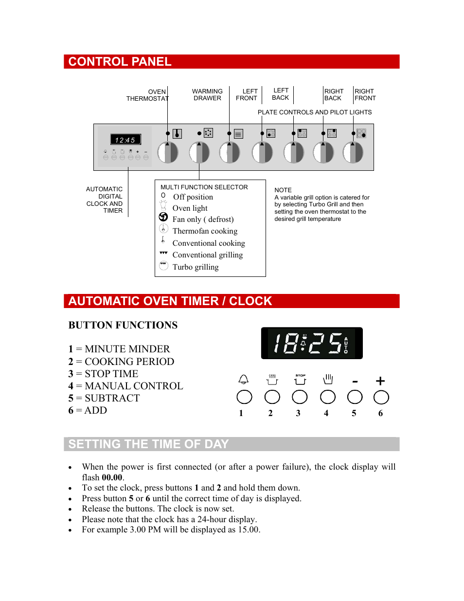 Control panel, Automatic oven timer / clock, Setting the time of day | Defy Appliances 835 User Manual | Page 3 / 12