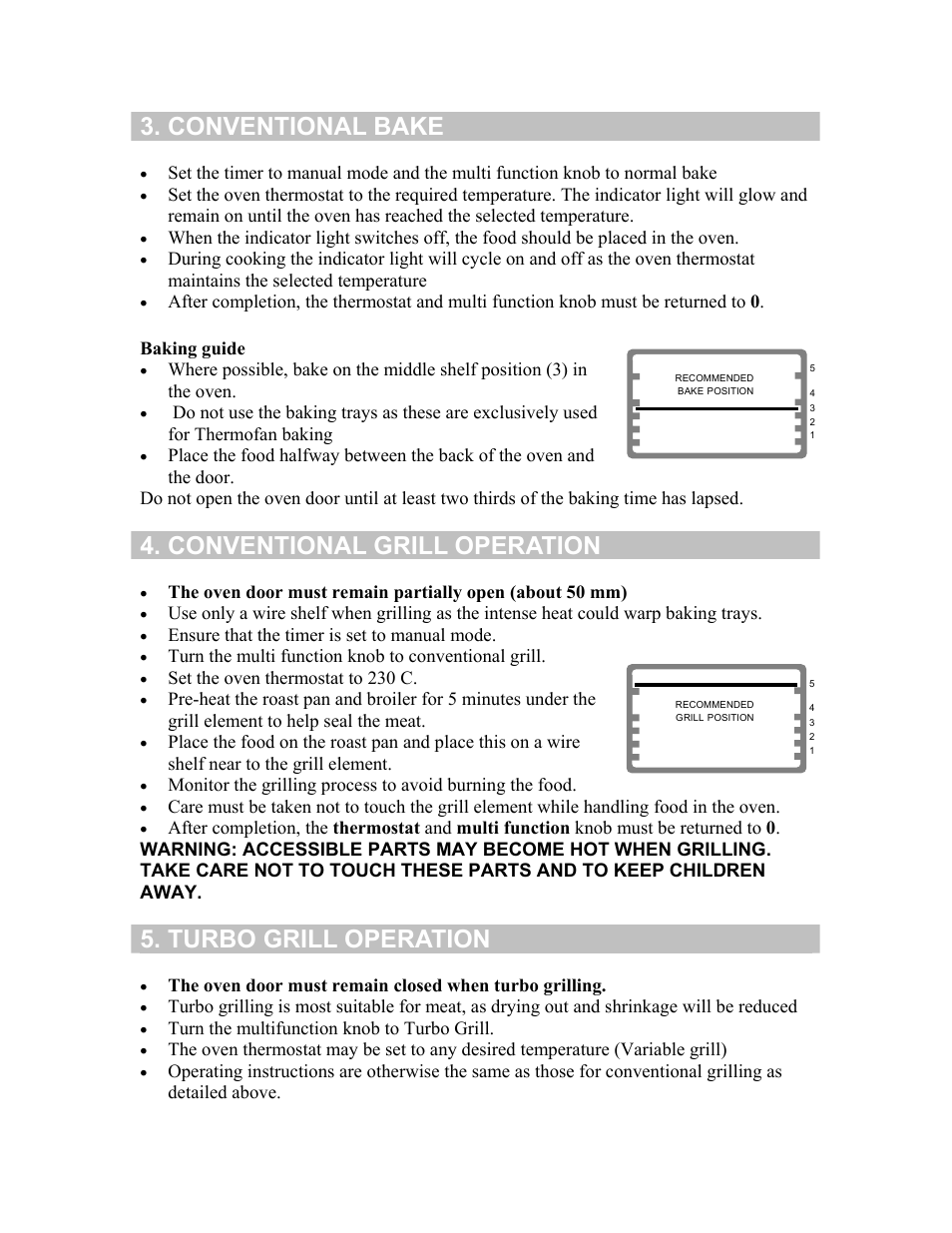 Conventional bake, Conventional grill operation, Turbo grill operation | Defy Appliances 835 User Manual | Page 8 / 12