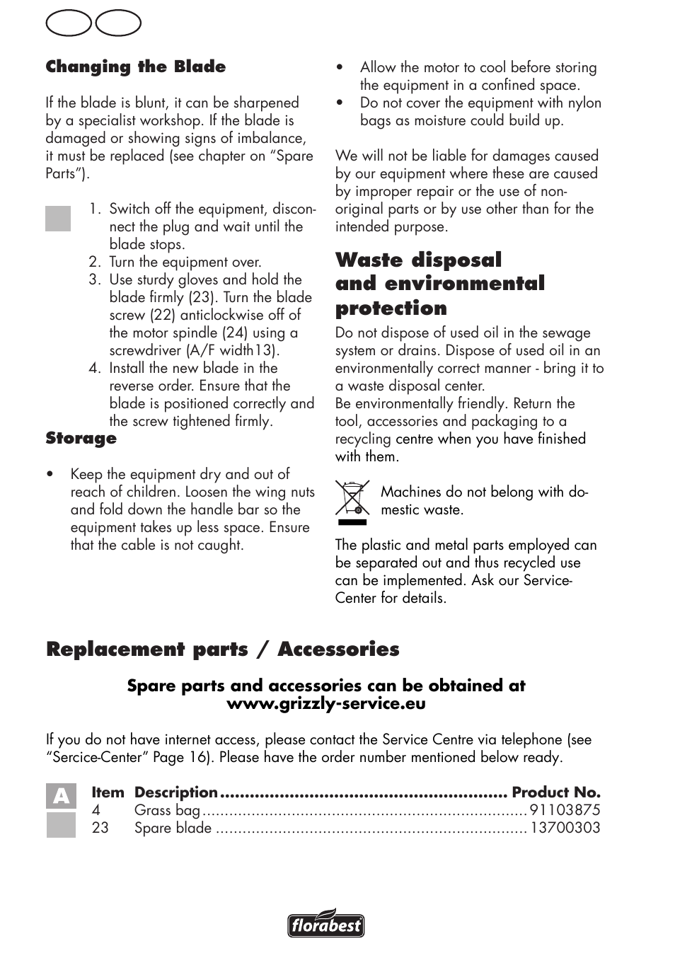 Gb ie, Waste disposal and environmental protection, Replacement parts / accessories | Florabest FRM 1800 B2 User Manual | Page 14 / 64