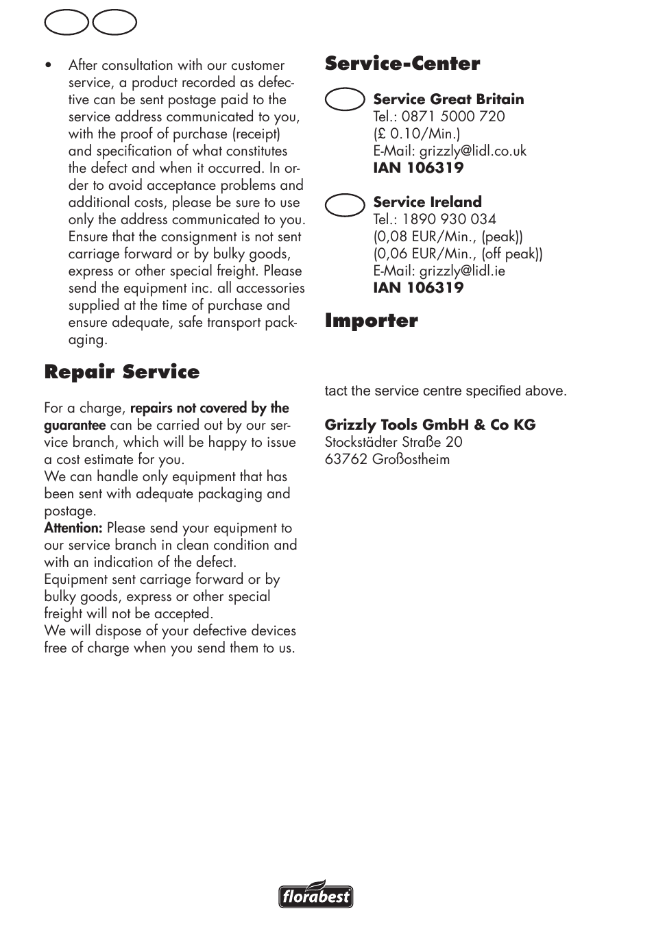 Gb ie, Repair service, Service-center | Importer | Florabest FRM 1800 B2 User Manual | Page 16 / 64