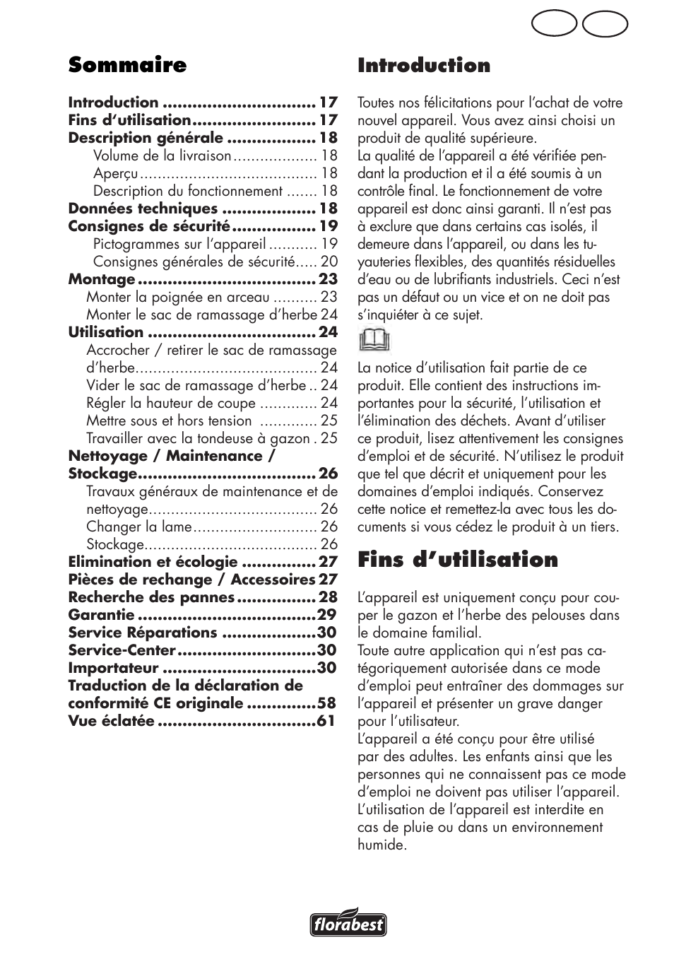 Sommaire, Fins d’utilisation, Be fr | Introduction | Florabest FRM 1800 B2 User Manual | Page 17 / 64