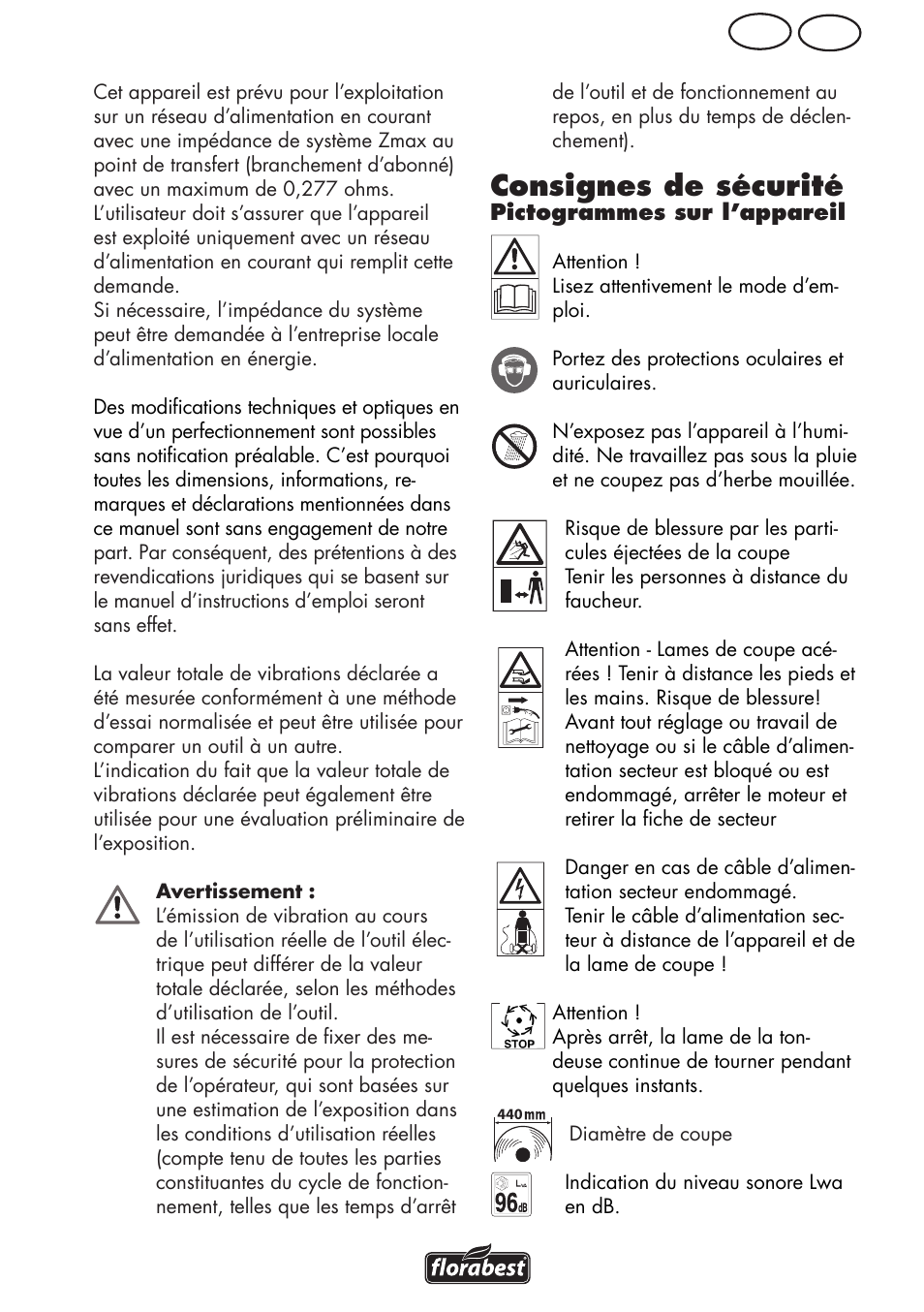 Consignes de sécurité, Be fr | Florabest FRM 1800 B2 User Manual | Page 19 / 64