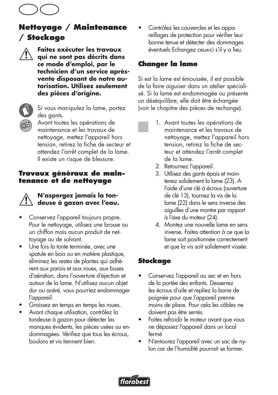 Be fr, Nettoyage / maintenance / stockage | Florabest FRM 1800 B2 User Manual | Page 26 / 64