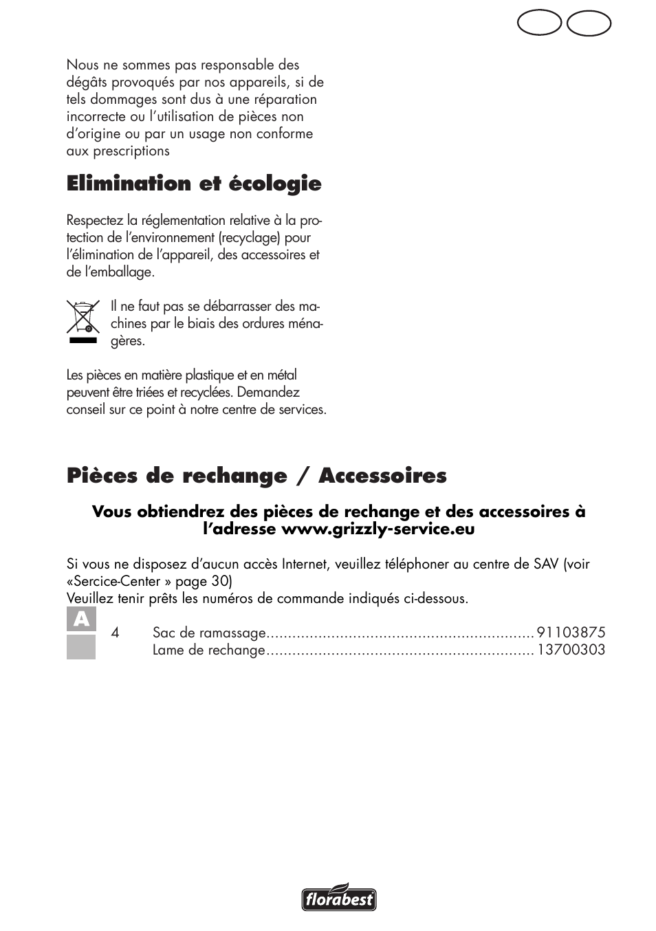 Elimination et écologie, Pièces de rechange / accessoires, Be fr | Florabest FRM 1800 B2 User Manual | Page 27 / 64