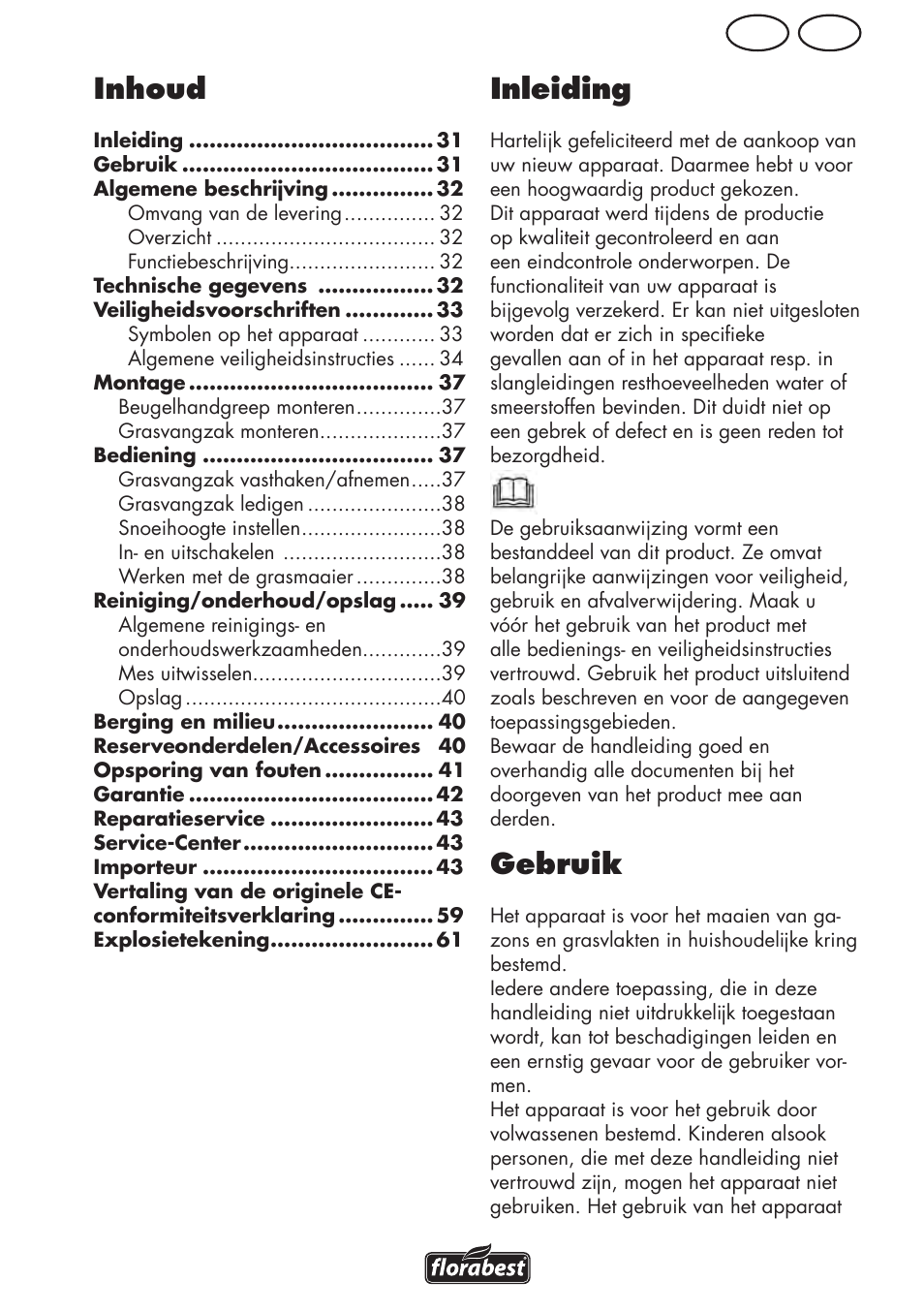 Inhoud, Inleiding, Gebruik | Be nl | Florabest FRM 1800 B2 User Manual | Page 31 / 64