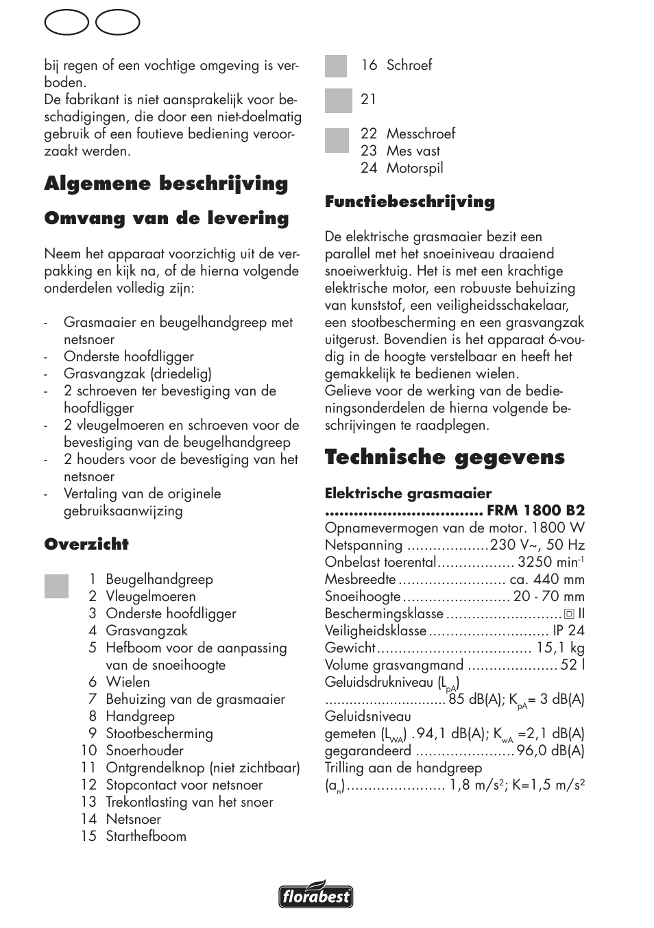 Technische gegevens, Nl be c, Algemene beschrijving | Omvang van de levering | Florabest FRM 1800 B2 User Manual | Page 32 / 64
