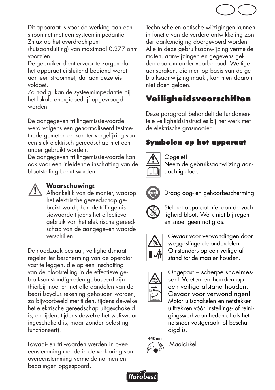 Be nl, Veiligheidsvoorschiften | Florabest FRM 1800 B2 User Manual | Page 33 / 64