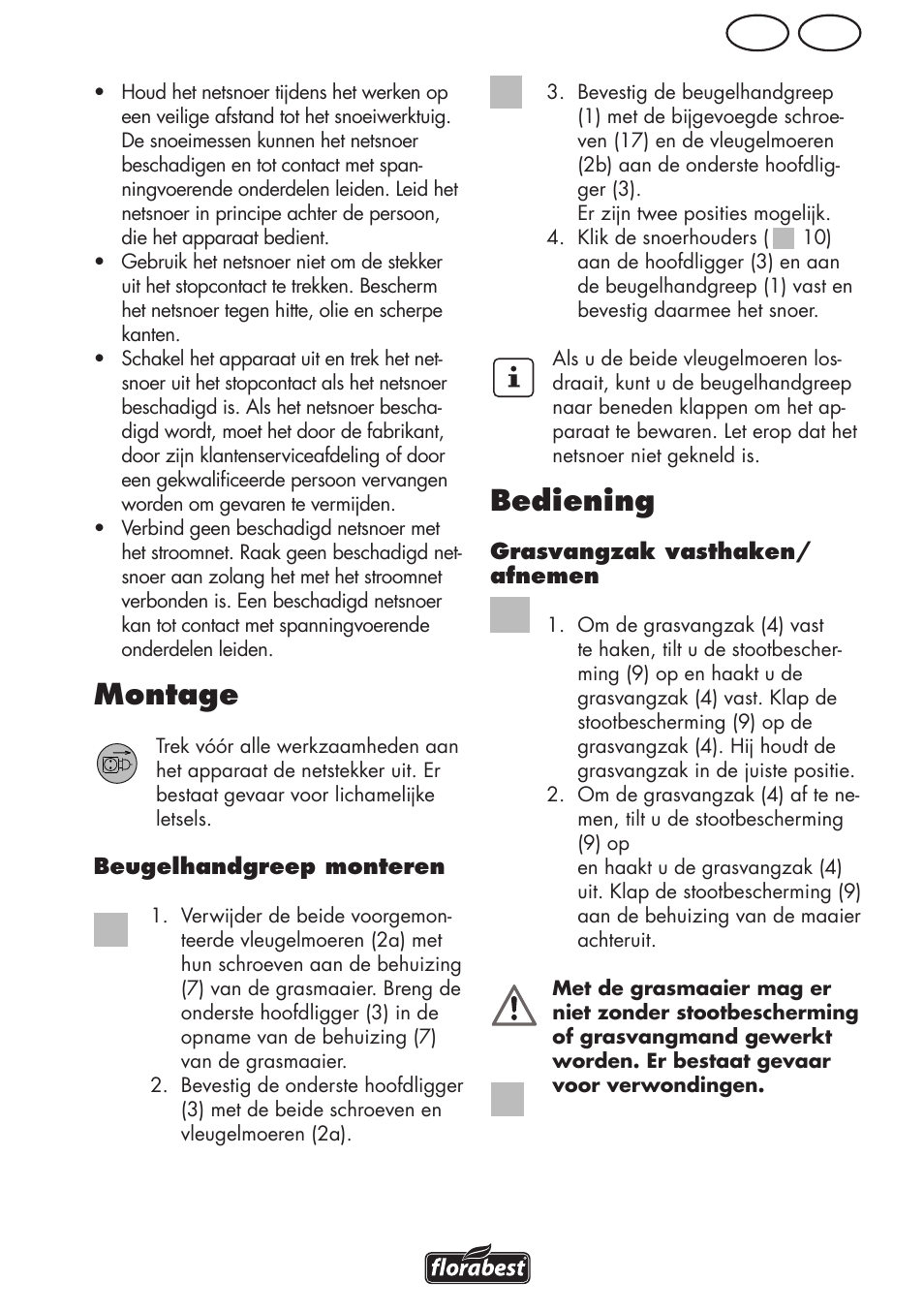 Montage, Bediening, Be nl | Florabest FRM 1800 B2 User Manual | Page 37 / 64