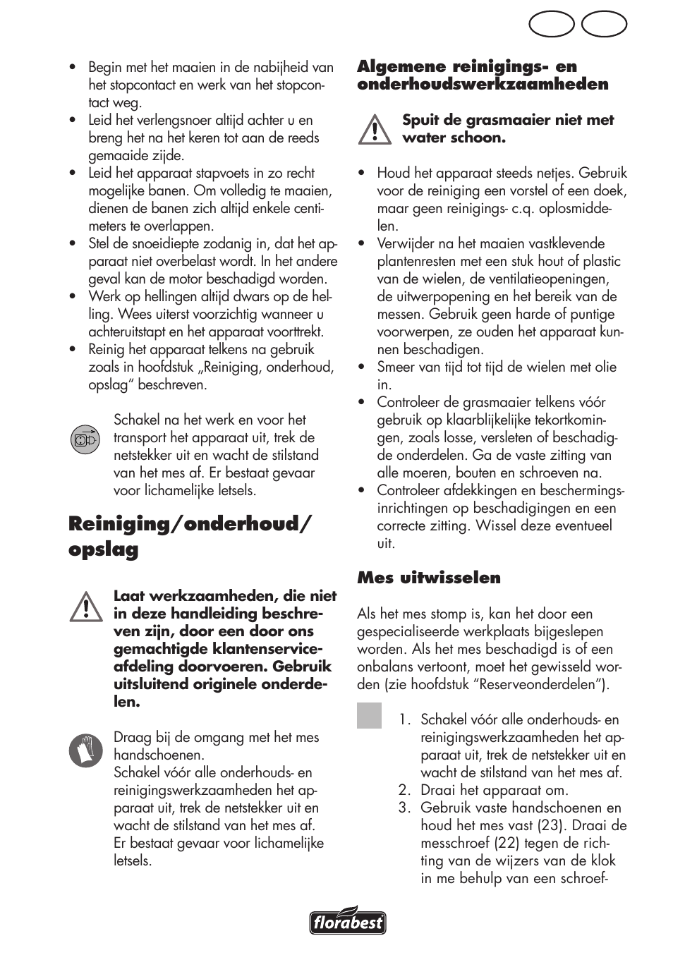 Be nl, Reiniging/onderhoud/ opslag | Florabest FRM 1800 B2 User Manual | Page 39 / 64