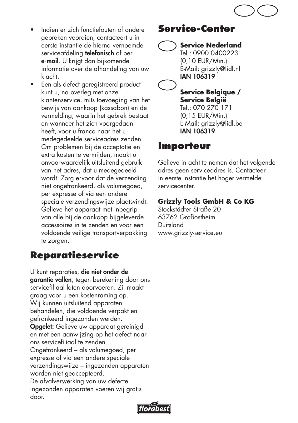 Reparatieservice, Service-center, Importeur | Be nl, Nl be | Florabest FRM 1800 B2 User Manual | Page 43 / 64