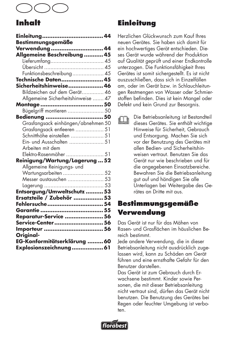 Inhalt, At de ch einleitung, Bestimmungsgemäße verwendung | Florabest FRM 1800 B2 User Manual | Page 44 / 64