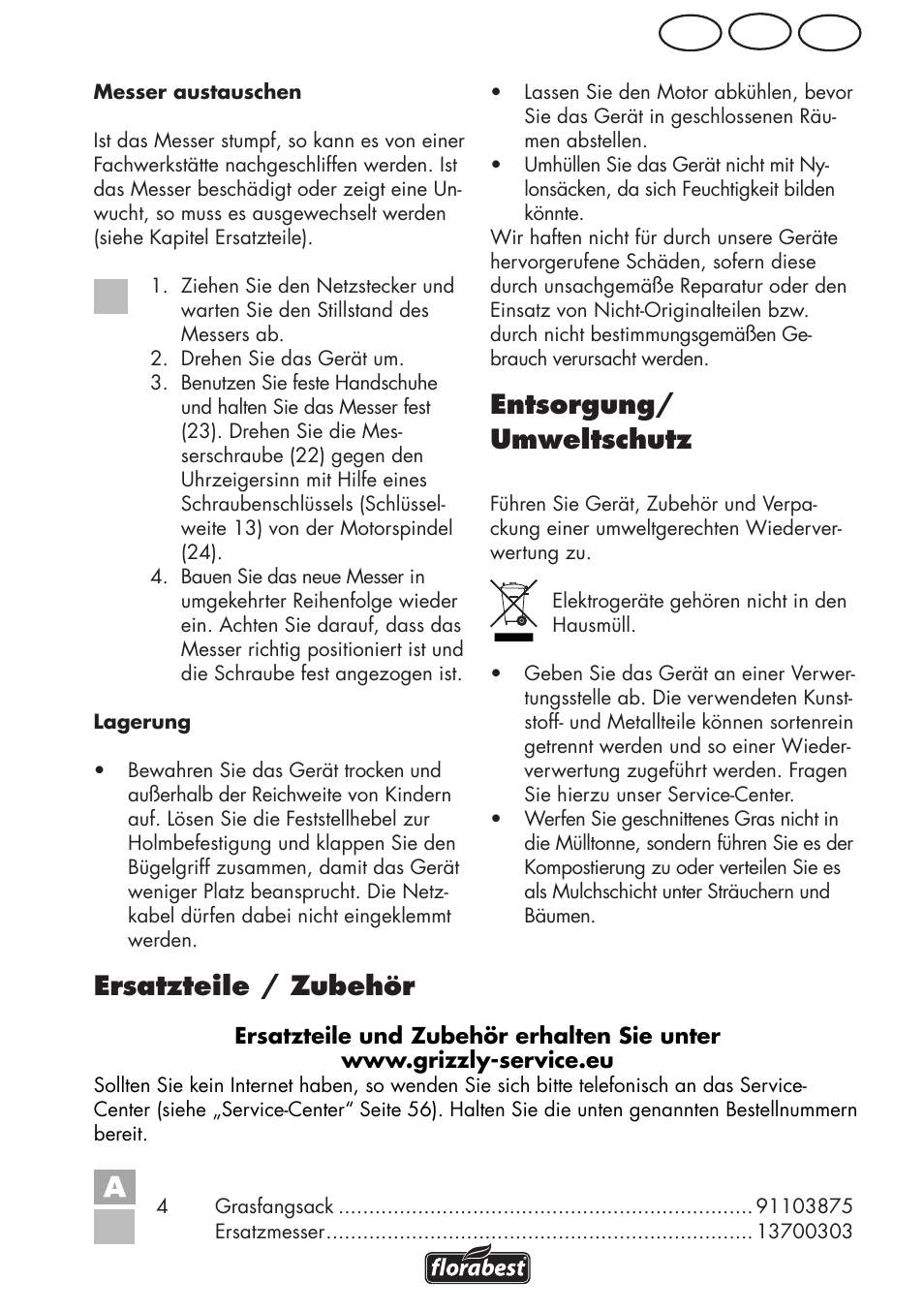 Ch at de, Entsorgung/ umweltschutz, Ersatzteile / zubehör | Florabest FRM 1800 B2 User Manual | Page 53 / 64