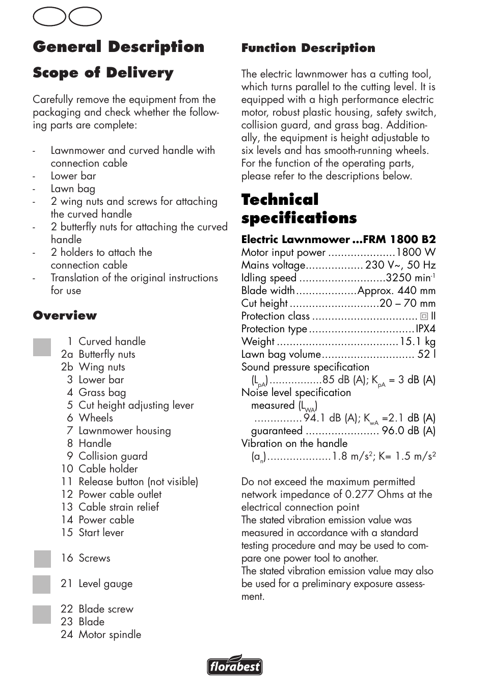 Technical specifications, General description, Gb ie | Scope of delivery | Florabest FRM 1800 B2 User Manual | Page 6 / 64