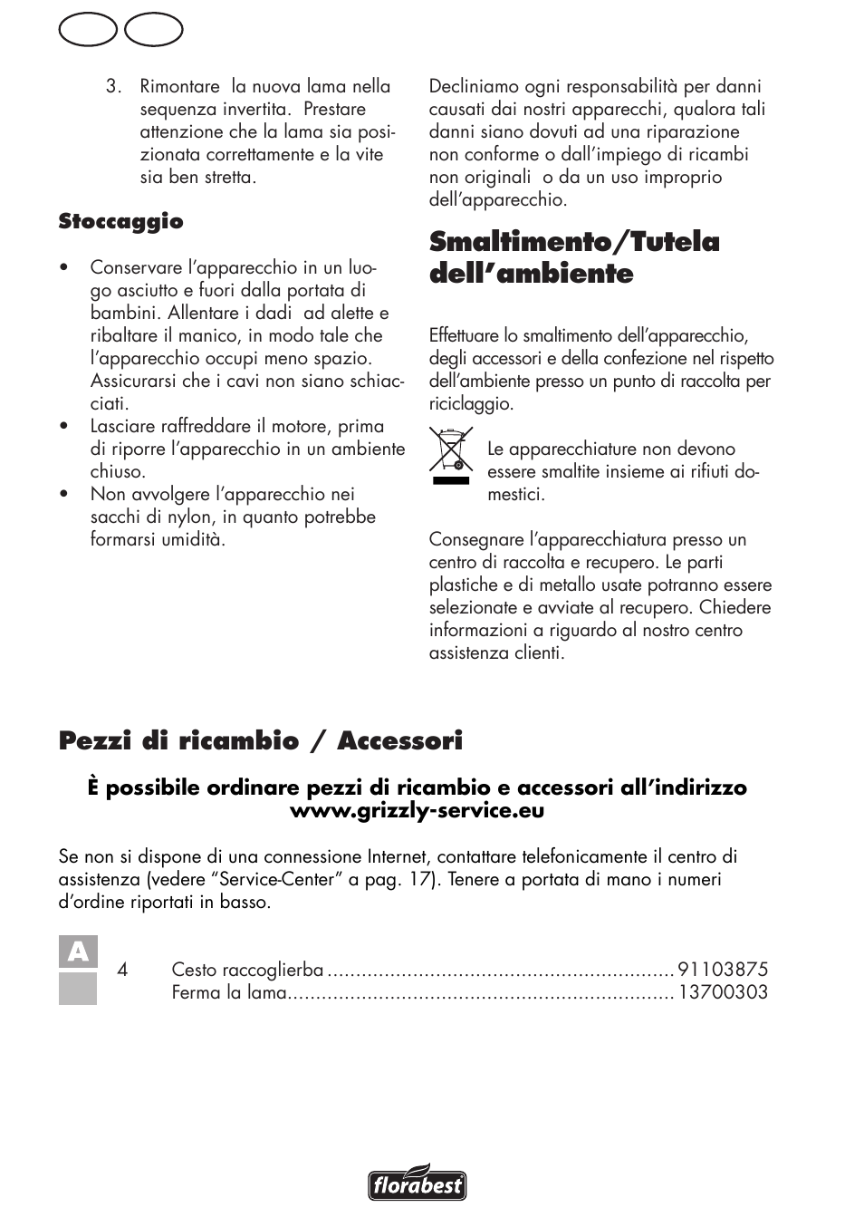 Smaltimento/tutela dell’ambiente, Mt it, Pezzi di ricambio / accessori | Florabest FRM 1800 B2 User Manual | Page 14 / 52