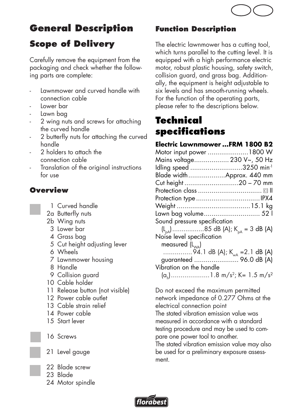 Technical specifications, General description, Mt gb | Scope of delivery | Florabest FRM 1800 B2 User Manual | Page 19 / 52