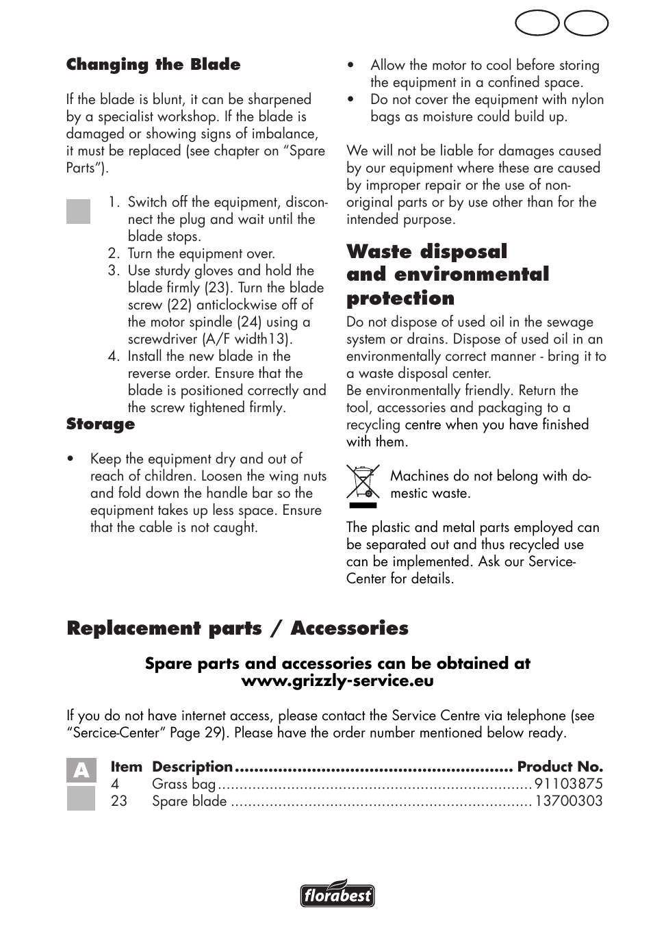 Trouble shooting, Mt gb, Waste disposal and environmental protection | Replacement parts / accessories | Florabest FRM 1800 B2 User Manual | Page 27 / 52